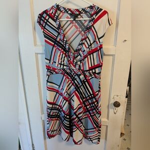 BCBGMaxAzria Red, White & Blue Geometric A-Line Dress, Large